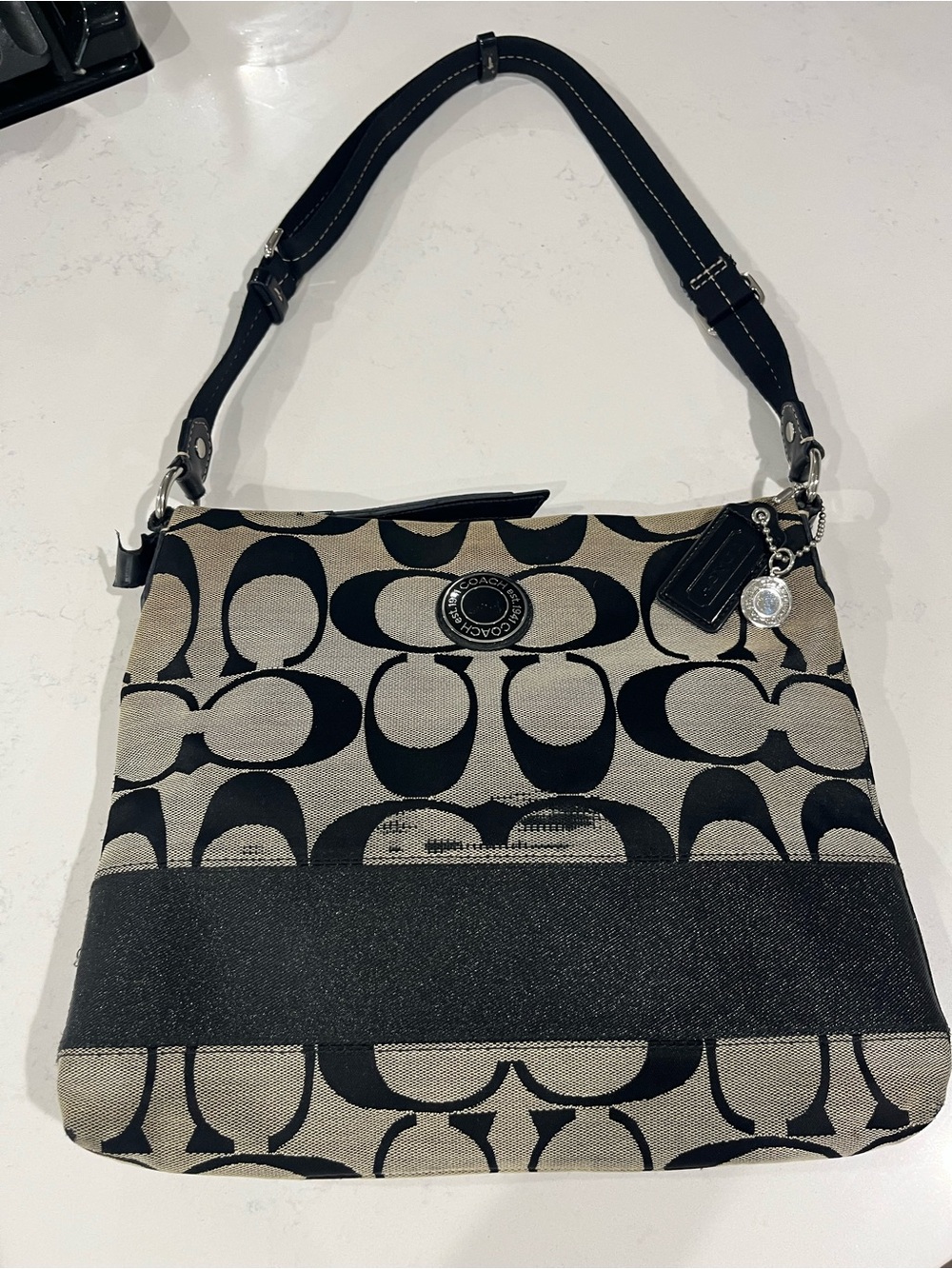Coach Black and Tan Signature Canvas Shoulder Bag